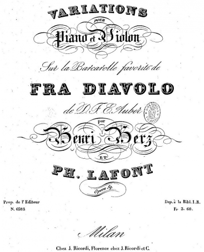 Herz - Variations sur la barcarolle favorite de 'Fra Diavolo' - Scores and Parts