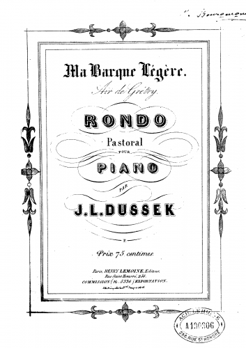 Dussek - 2 Sonatas - Sonata No. 1 in E-flat major: III. Rondo "Ma barque légère" For Piano solo - Score