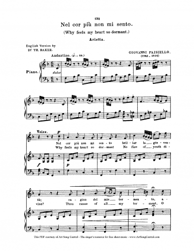 Paisiello - L'amor contrastato ossia La molinarella, R 1.76 / La molinara (1790 revival, Vienna) - Vocal Score Aria: 'Nel cor più non mi sento' - Score