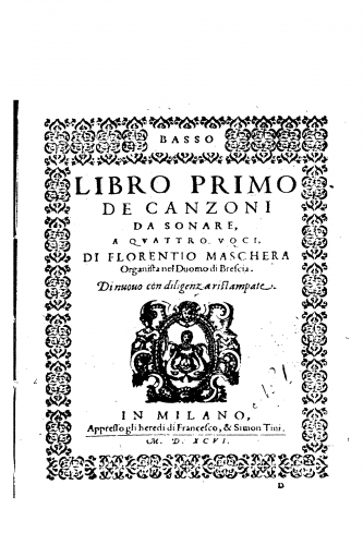 Maschera - Libro primo de Canzoni da Sonare - Scores and Parts - Basso (partbook)