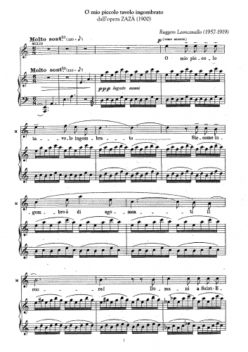 Leoncavallo - Zazà - Vocal Score Aria di Milio: O mio piccolo tavolo - Score