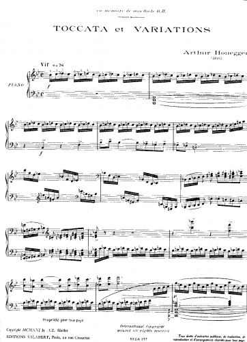 Honegger - Toccata and Variations, H 8 - Score