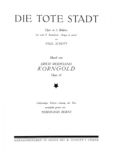 Korngold - Die tote Stadt - Vocal Score Complete Opera - Score