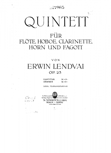 Lendvai - Quintet for Flute, Oboe, Clarinet, Horn, and Bassoon, Op. 23 - Score