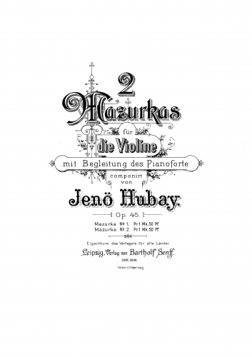 Hubay - 2 Mazurkas, - Scores and Parts Mazurka in A minor (No. 1)