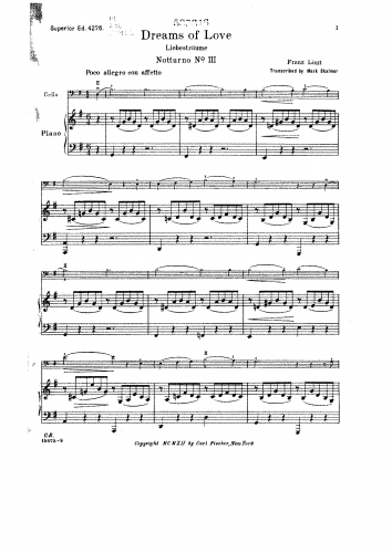 Liszt - Liebesträume - O lieb, so lang du lieben kannst (No. 3) For Cello and Piano (Skalmer)