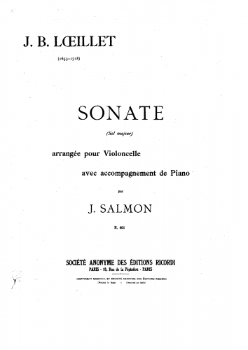 Loeillet - 12 Solos - No. 12. Flute Sonata in G major For Cello and Piano (Salmon)