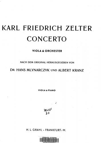 Zelter - Konzert Es-Dur für Viola und Orchester - For Viola and Piano - Piano Score