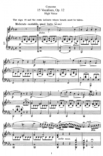 Concone - Quinze vocalises pour soprano ou mezzo-soprano, servant détudes de perfectionnement - Voice and Piano High Voice - Score