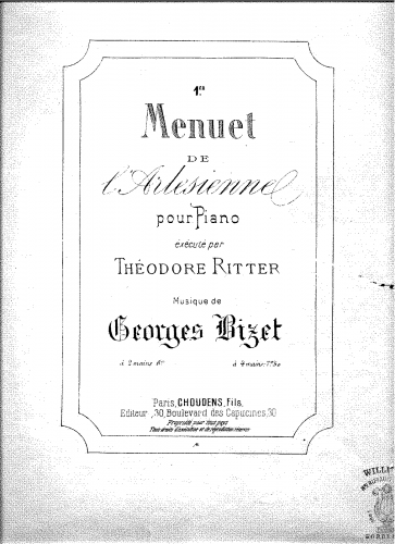 Bizet - L'Arlésienne - Menuet For Piano 4 hands (Vilbac) - Score