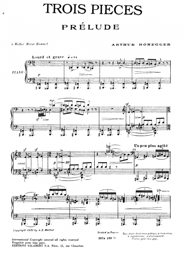 Honegger - 3 Pieces for Piano, H 8 - Score