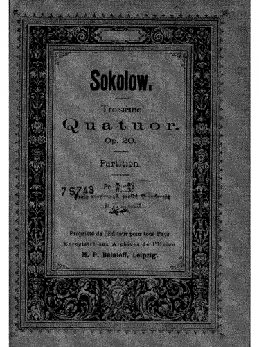 Sokolov - String Quartet No. 3, Op. 20 - Scores - Score