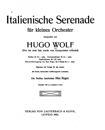 Wolf - Italian Serenade - For Chamber Orchestra (Reger) - Score