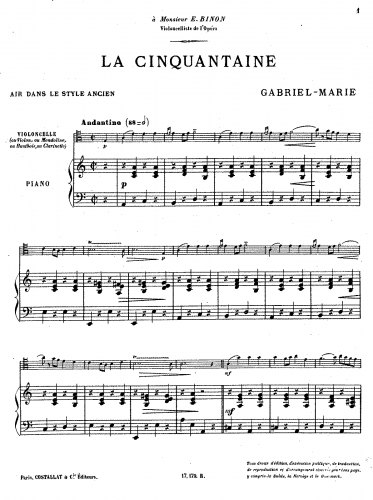 Marie - Deux Pieces pour Cello et Piano - Scores and Parts La cinquantaine (No. 2) - Cello and Piano score