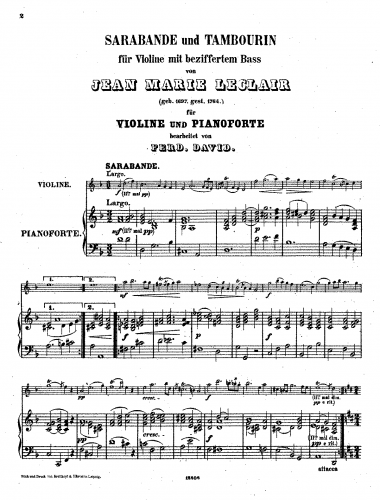 Leclair - Sarabande - For Violin and Piano (David) - Piano score