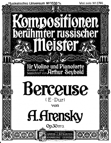 Arensky - 4 Morceaux - Piano Scores and Parts Berceuse (No. 3) - Piano score and Violin part