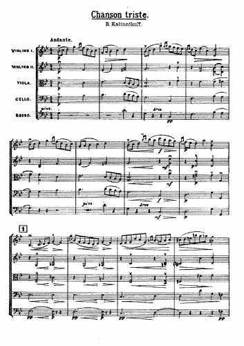 Kalinnikov - Chanson triste - For String Orchestra (Composer) - Score