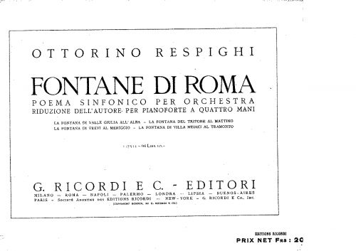Respighi - Le Fontane di Roma - For Piano 4 hands (Respighi) - Score