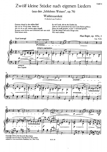 Reger - 12 kleine Stücke nach eigenen Liedern, Op. 103c - Piano score