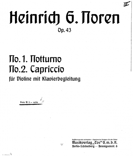 Noren - Notturno and Capriccio, Op. 43 - Score and Violin Part