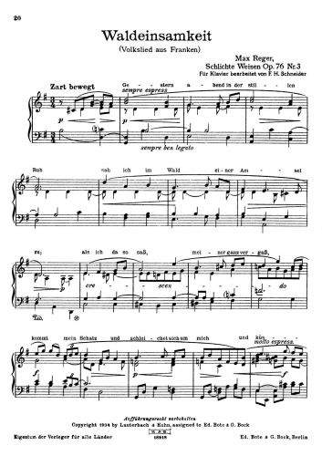 Reger - Simple Songs, Op. 76 - No. 3. Waldeinsamkeit For Piano solo (Schneider) - Score