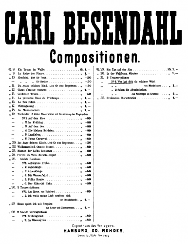 Besendahl - 2 Transcriptionen for Piano - 1. Wer hat dich du schöner Wald (Mendelssohn)