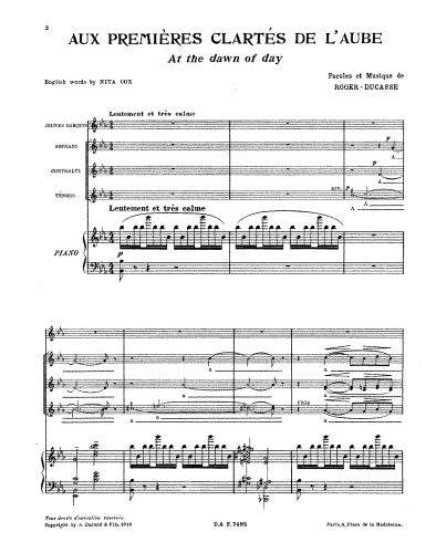 Roger-Ducasse - 2 Churs pour voix d'enfants - For Voice and Piano (Composer) - 1. Aux premières clartés de l'aube