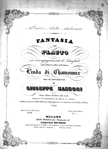 Rabboni - Fantasia per flauto con accompagnamento di pianoforte sopra alcuni motivi dell'opera LINDA DI CHAMONIX del M° G. Donizetti - Piano Score and Flute Part