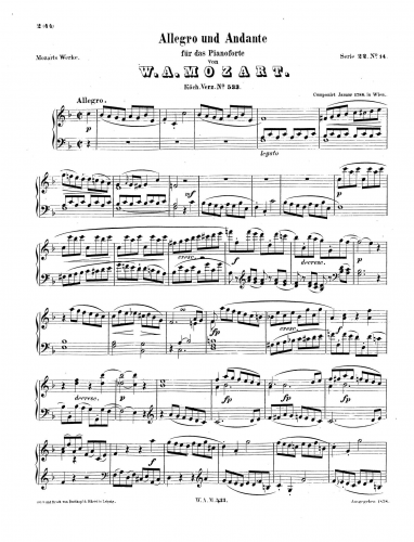 Mozart - Piano Sonata No. 15 - Piano Score - Allegro and Andante, K.533