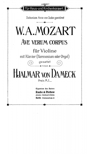 Mozart - Ave verum corpus - For Violin and Piano or Harmonium (Dameck) - Score