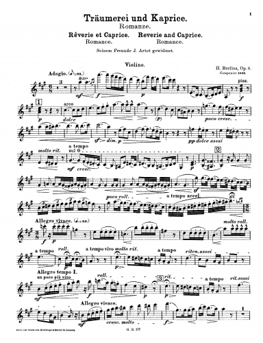 Berlioz - ''Rêverie et Caprice'' - For Violin and Piano (Composer) - Score