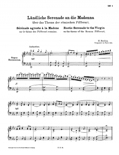 Berlioz - Sérénade agreste à la madone sur la thème des pifferari romains - Score