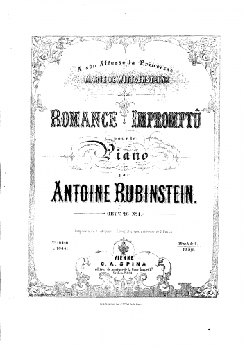 Rubinstein - 2 Morceaux, Op. 26 - Piano Score Romance (No. 1) - Score