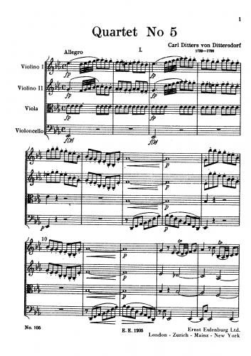 Dittersdorf - String Quartet No. 5 in E Flat - Score