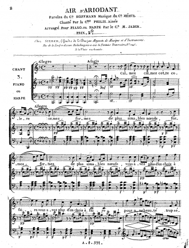 Méhul - Ariodant [orig. Ina] - Vocal Score Air d'Ariodant ''Calmez, calmez cette colère'' - Score