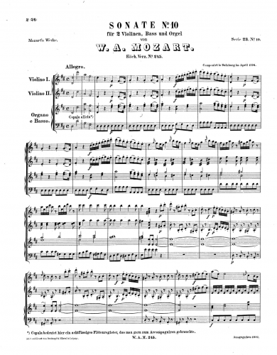 Mozart - Church Sonata No. 9 - Scores and Parts - Score