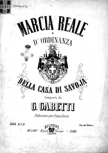 Gabetti - Marcia reale d'ordinanza - For Piano solo (Composer?) - Score
