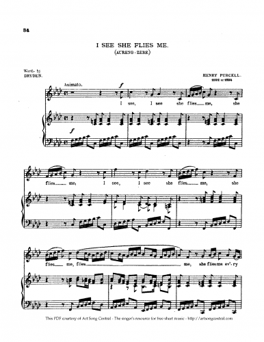 Purcell - Aureng-Zebe - No. 1. Song: I See She Flies Me For Voice and Piano (Pellew Arkwright) - Score