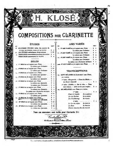Klosé - Solo No. 9 for Clarinet and Piano - Piano score, Clarinet part