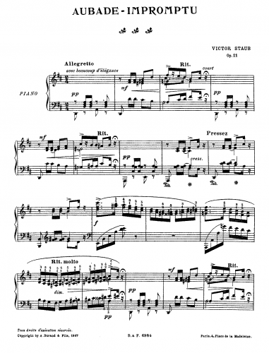 Staub - Aubade-Impromptu, Op. 11 - Score
