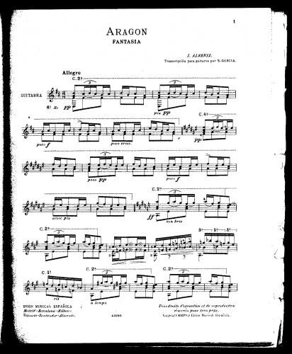 Albéniz - Suite Española No. 1, Op. 47 - No. 6. Aragon For Guitar (Garcia) - Score