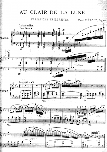 Hérold - Au clair de la lune varié pour piano - Score
