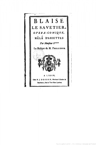 Philidor - Blaise le savetier,  Opéra-comique, mêlé d'ariettes - Compete score