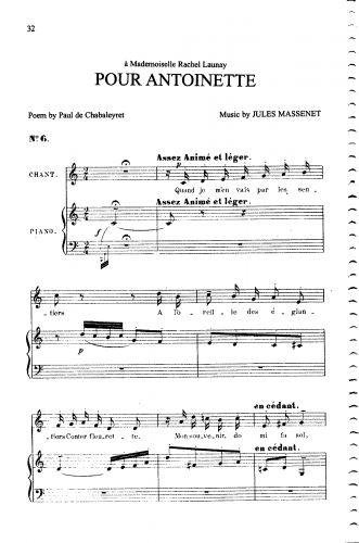 Massenet - Pour Antoinette - For Medium Voice