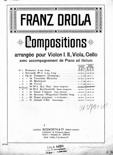 Drdla - 8 Danse Hongroise - Hej, haj! (No. 4) For 2 Violins, Viola, Cello and Piano