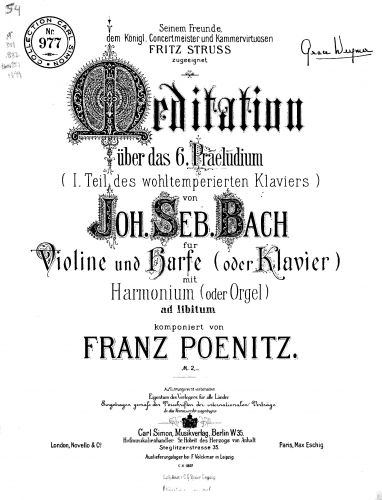 Poenitz - Meditation on the 6th Prelude of The Well-Tempered Clavier I - Scores and Parts