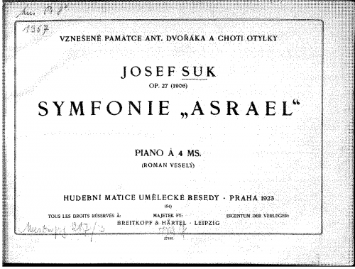 Suk - Asrael, Symfonie pro velký orchestr - For Piano 4 hands (Veselý) - Score