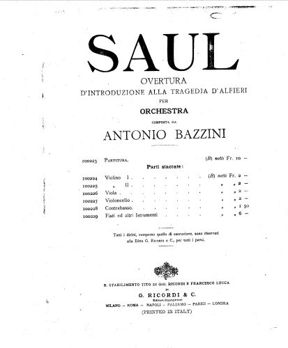 Bazzini - Overture to Alfieri's 'Saul' - Score