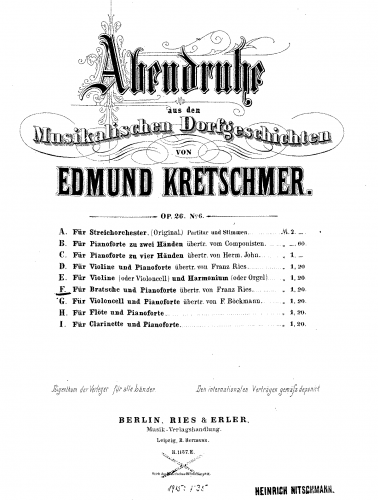 Kretschmer - 6 Charakterstücke - Abendruhe (No. 6) For Viola and Piano (Ries)
