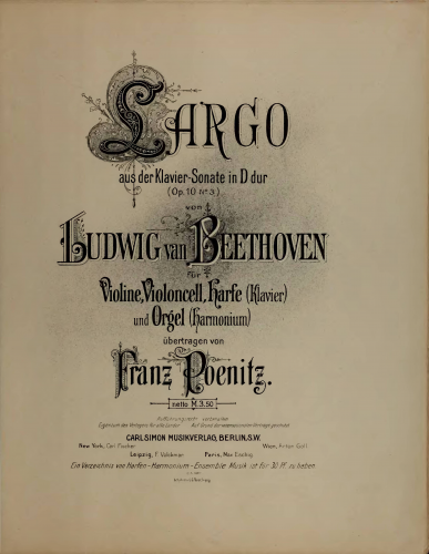 Beethoven - Piano Sonata No. 7 - II. Largo For violin, cello, piano harp or organ harmonium (Poenitz)